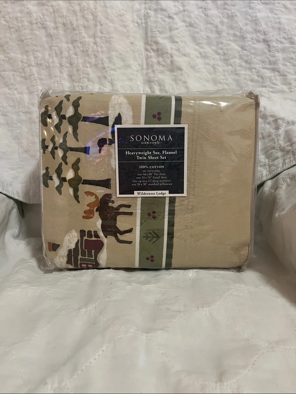 Sonoma Twin Flannel Sheet Set in Beige and Green